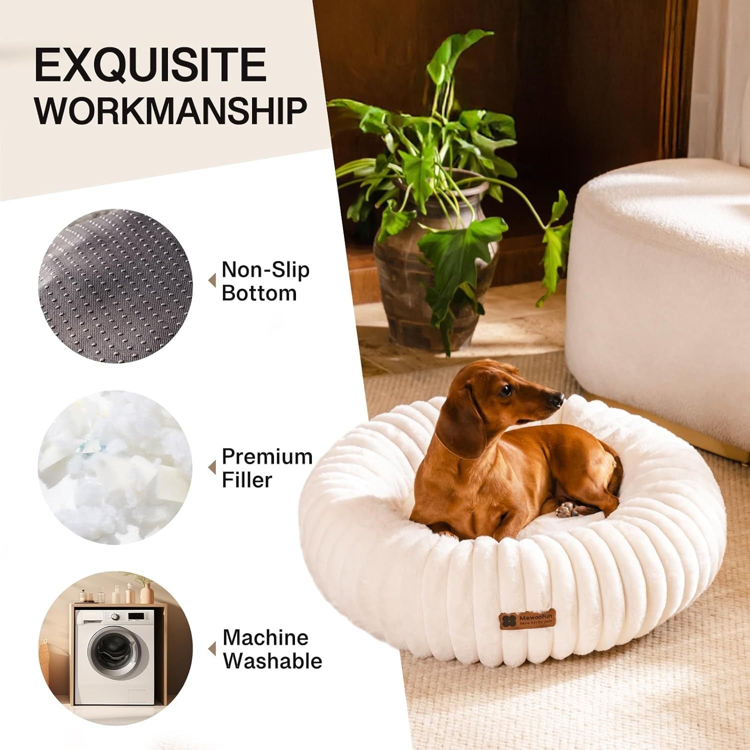 Mewoofun Donut Dog Bed – 25"x25"x7" Cream Calming Round Fluffy Washable Bed with Non-Slip Bottom for Small Dogs, Puppies & Cats
