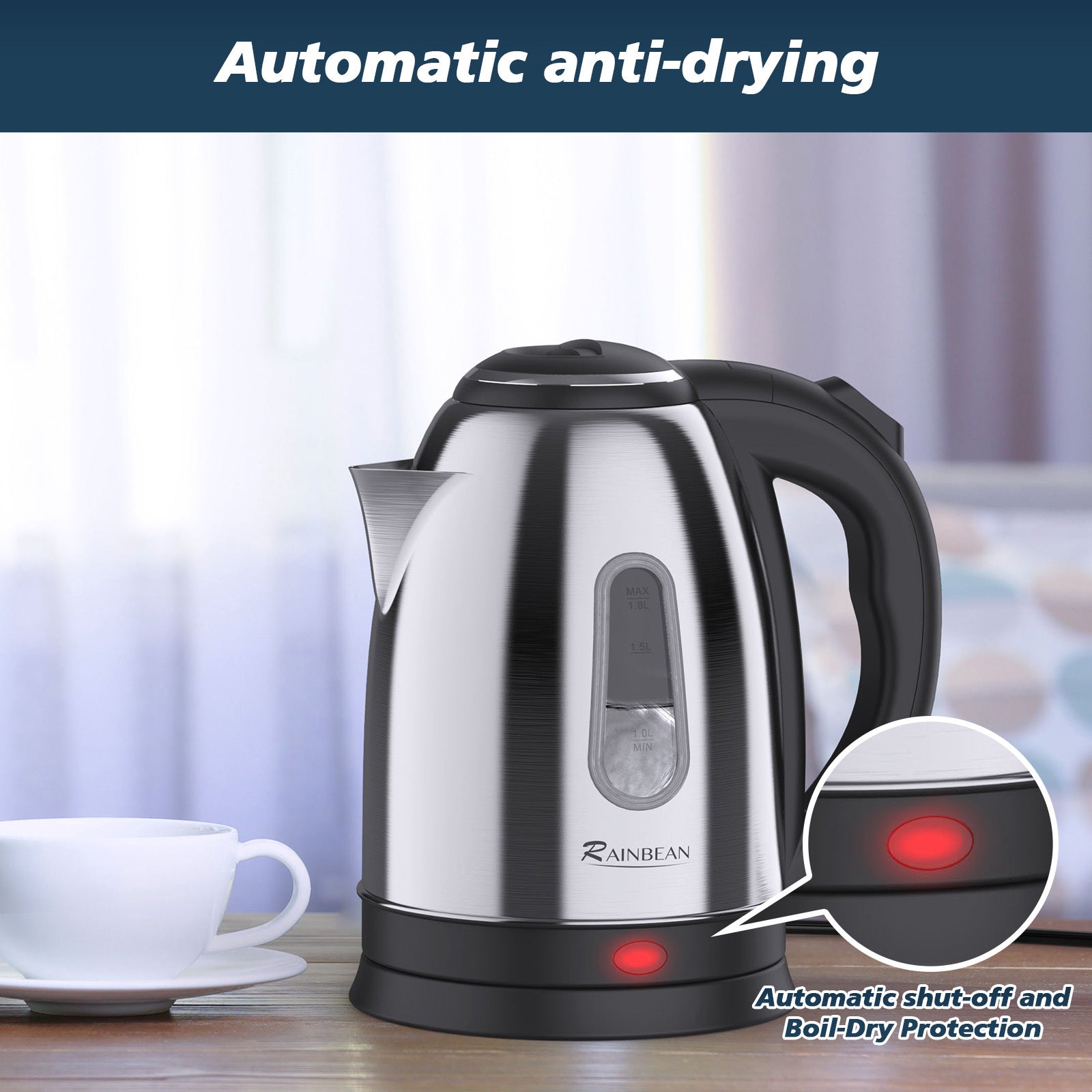 Durable 1.8L Electric Kettle with Auto Shut-Off & Safety Features