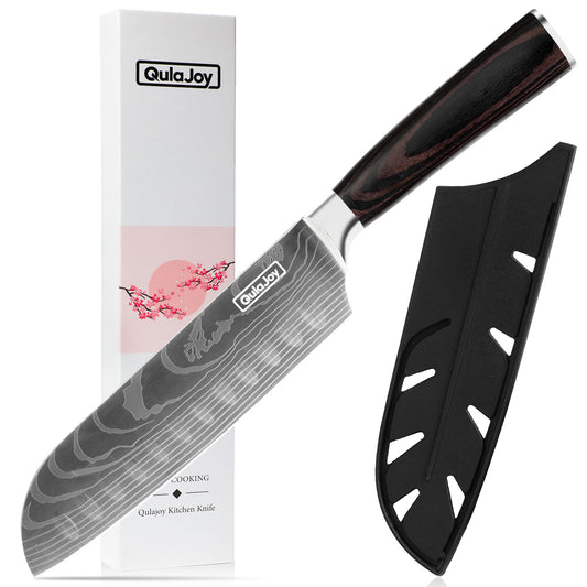 Qulajoy 8‑Inch High‑Carbon Stainless Steel Santoku Knife – Ergonomic Pakkawood Handle, Sleek & Sharp for Home Cooking
