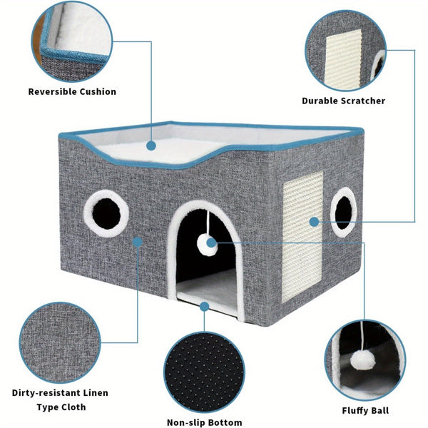Super-Wide Indoor Cat House – Foldable & Portable, Grey