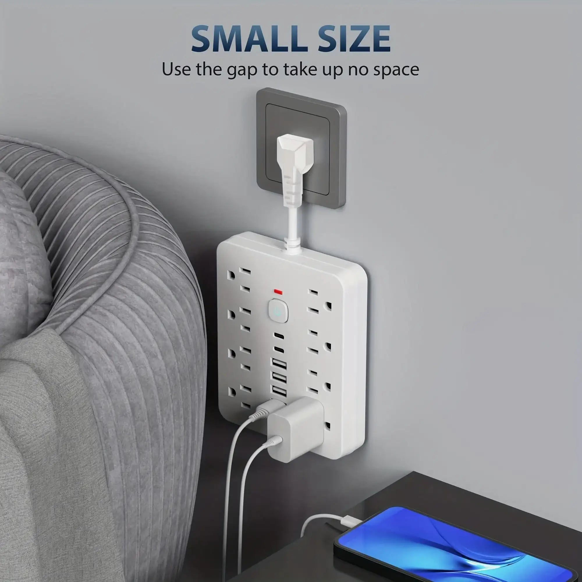 14-in-1 Wall-Mounted Power Strip with Overload Protection, One-Touch Control Switch, 8 AC Outlets & 6 USB Ports (Including 2 Type-C Ports) – Flexible Soft Cord Design for Office, Home, or School Use, Office Charging Hub | M - PulinGO