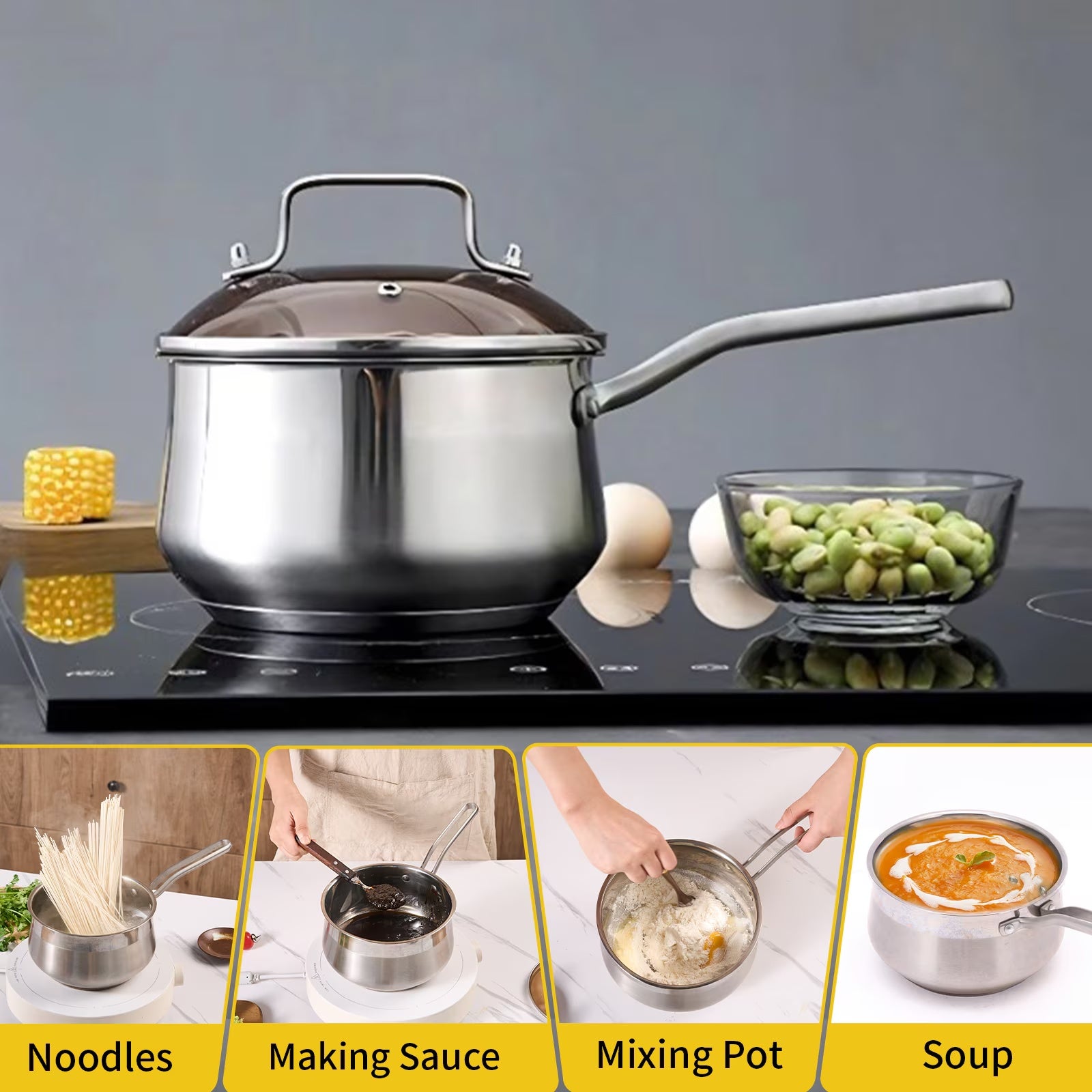 Wangyuanji 2.85 QT Non-Stick Stainless Steel Saucepan – Durable 304 SS Pot for All Cooktops