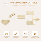 PawHut Cat Wall Shelves Set – 4-Piece Cat Wall Furniture with Hammock, 3 Steps, Perches & Scratching Post for Sleeping & Playing (Beige)