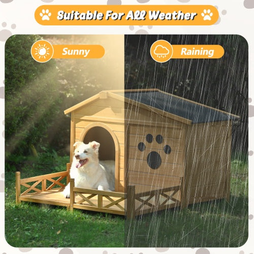 48" Wooden Dog House with Porch – Outdoor/Indoor Kennel with Water-Resistant Asphalt Roof, Fencing & Paw Print Design
