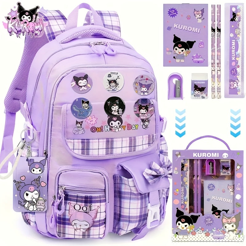 Sanrio Kuromi Purple Backpack Set – Includes 6 Badges, Card Set & Stationery for Teen Students