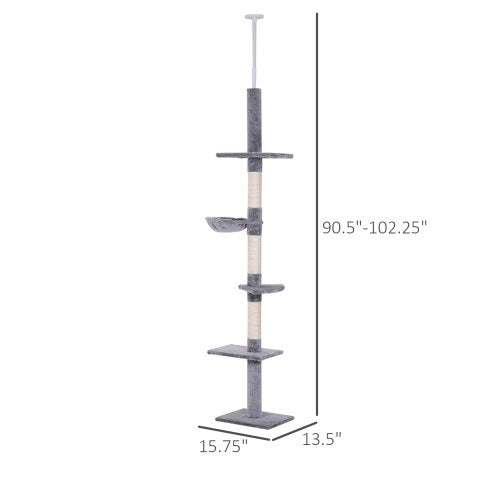 PawHut 9′ Adjustable Floor-to-Ceiling Vertical Cat Tree – 5-Tier Plush Platforms with Sisal Scratching