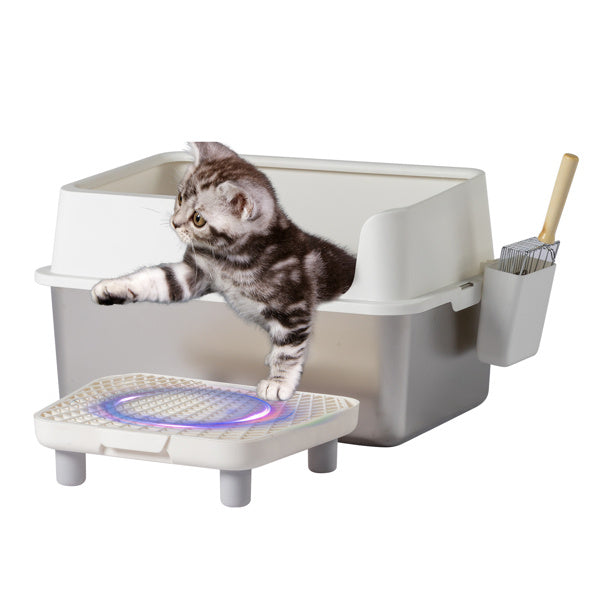 Stainless Steel Cat Litter Box with Plastic Buckle, Shovel & Foot Pad – White