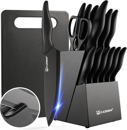 German Stainless Steel 16-Piece Knife Set 🔪 with Cutting Board, Built-in Sharpener & Non-Slip Handles