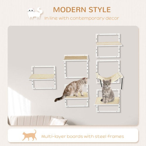 PawHut 6-Piece Modern Cat Wall Shelves – Height Adjustable Jumping Platforms & Climbing Furniture for Indoor Cats