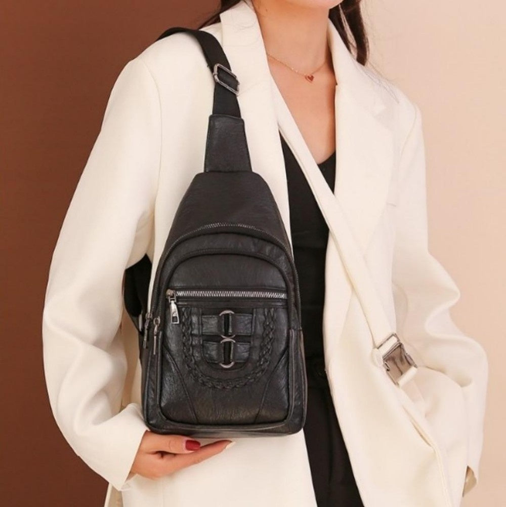 Women’s Sling Bag 🎒 Multi-Pocket Crossbody Purse – Vegan Retro Leather Braided Backpack for Travel
