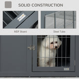 Dog Cage Furniture – Grey Metal Indoor Pet Crate with Double Doors, Secure Locks & End Table Design for Small & Medium Dogs