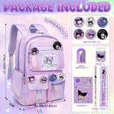 Kuromi Large‑Capacity Backpack Set – Purple Edition for Kids & Teens + 6 Badge Pins, Stationery Set & Plush Charm
