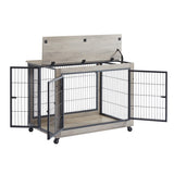 Furniture-Style Dog Cage – Grey Wooden Side Table with Wheels, Double Doors & Raised Top for Small & Medium Dogs
