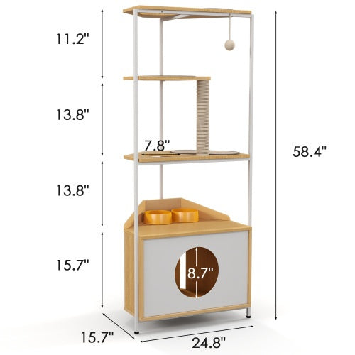 Cat Apartment with Feeding Station & Climbing Platform – Multi-Functional Indoor Pet Furniture with Condo, Scratch Posts & Elevated Bowls