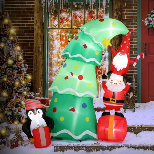 6-Ft Inflatable Christmas Tree with Elf & Santa – Lighted Outdoor Holiday Decoration