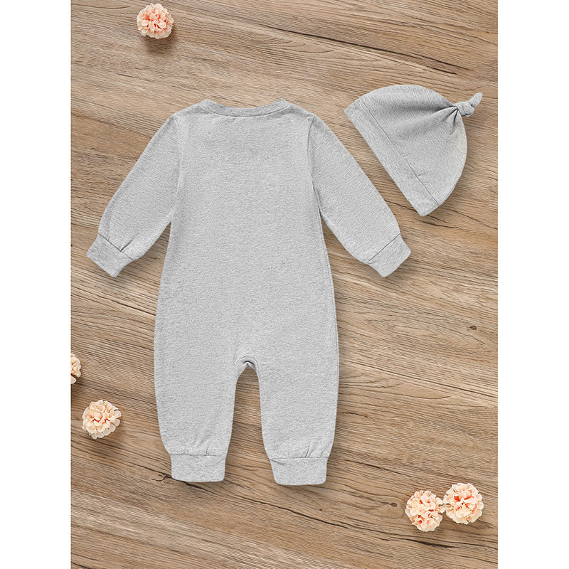 2Pcs Newborn Baby Boy Outfit – Long Sleeve Animal Print Romper with Matching Hat (Fall/Winter Set)