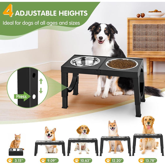 XIA Z Fashion Pet Products – Black Dog Bowl Holder with Double Stainless Steel Feeding Bowls, Non-Slip Elevated Stand