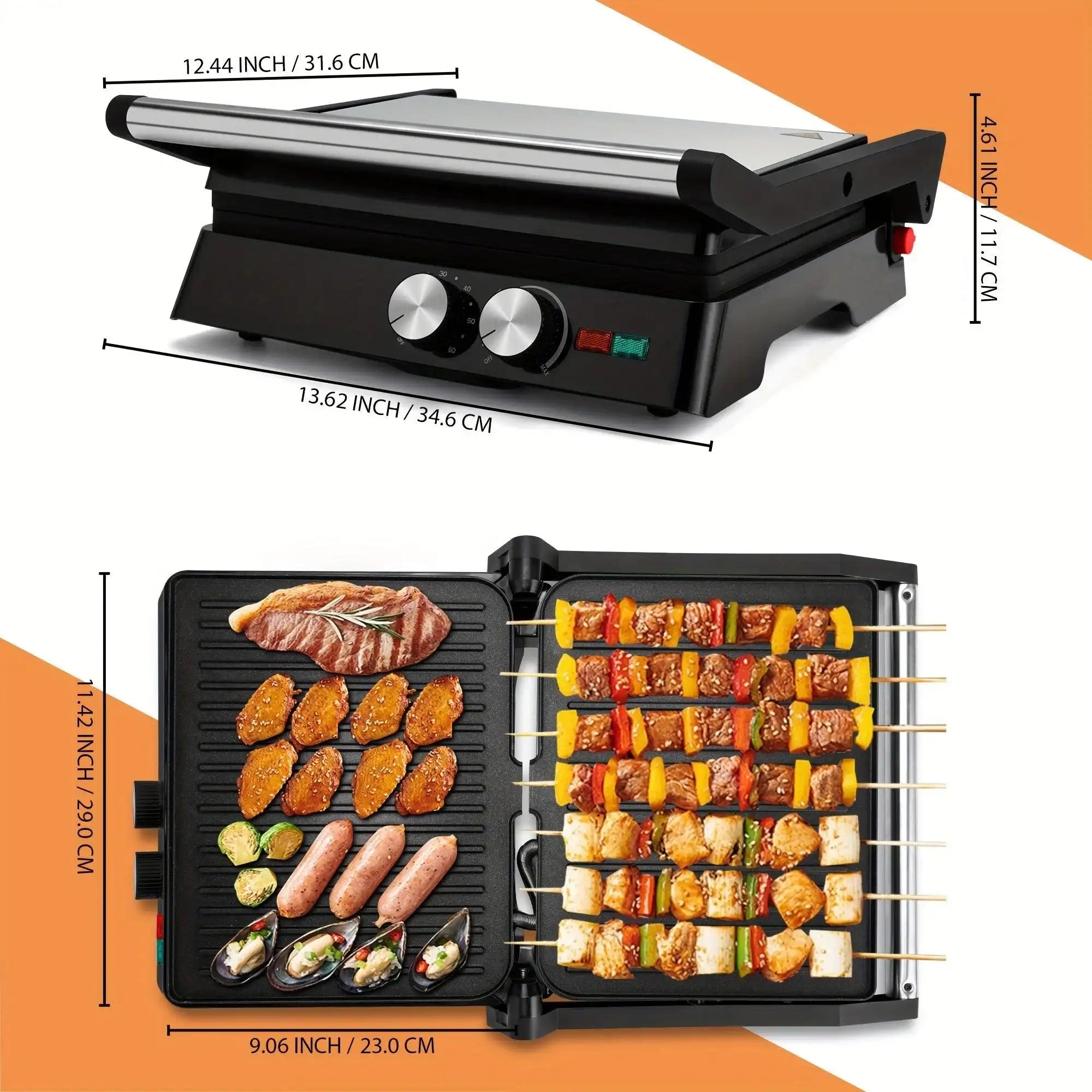 3-in-1 Electric Indoor Grill & Panini Press - 1400W Dual-Sided Non-Stick Grill with 180° Floating Hinge, Adjustable Temp (365°F-410°F), 60-Min Timer, Overheat/Quick Cook Modes & Grease Tray - Compact Black Kitchen Applianc - PulinGO