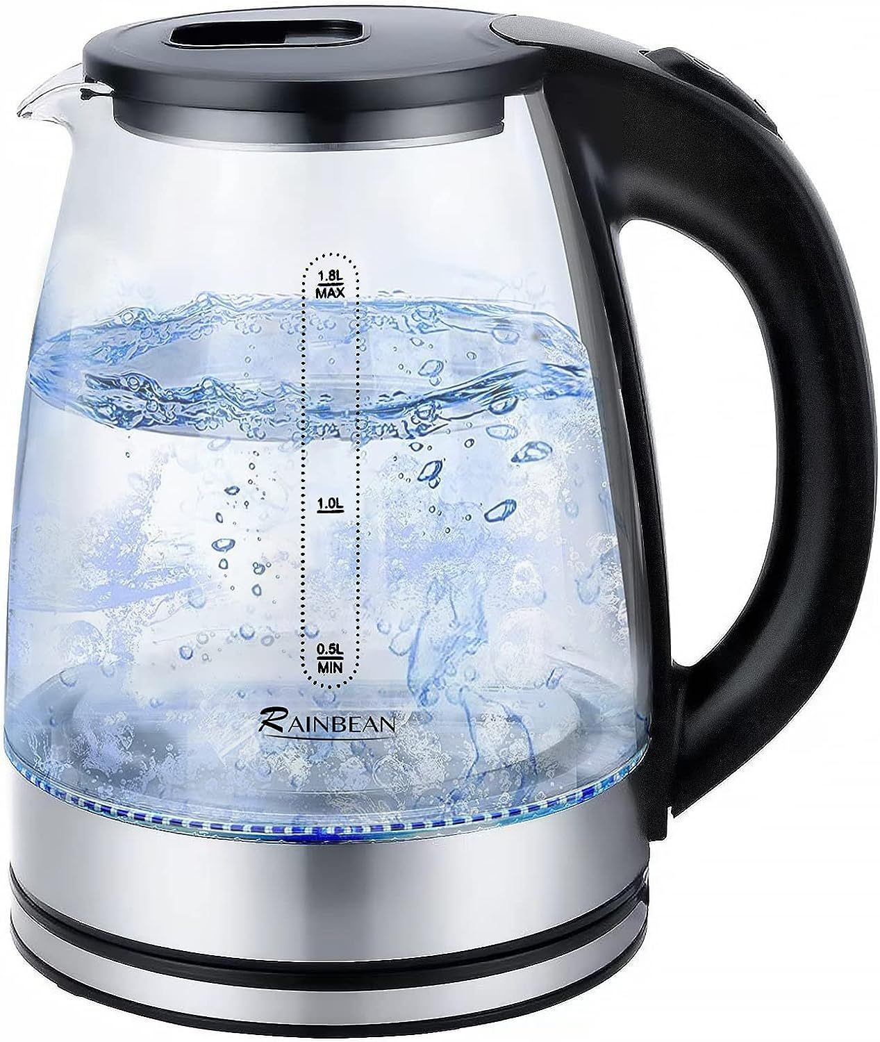 1.8 L Glass Electric Kettle with Viewing Window – LED-Light Hot-Water Boiler with Auto Shut-Off & Boil-Dry Protection (Black)