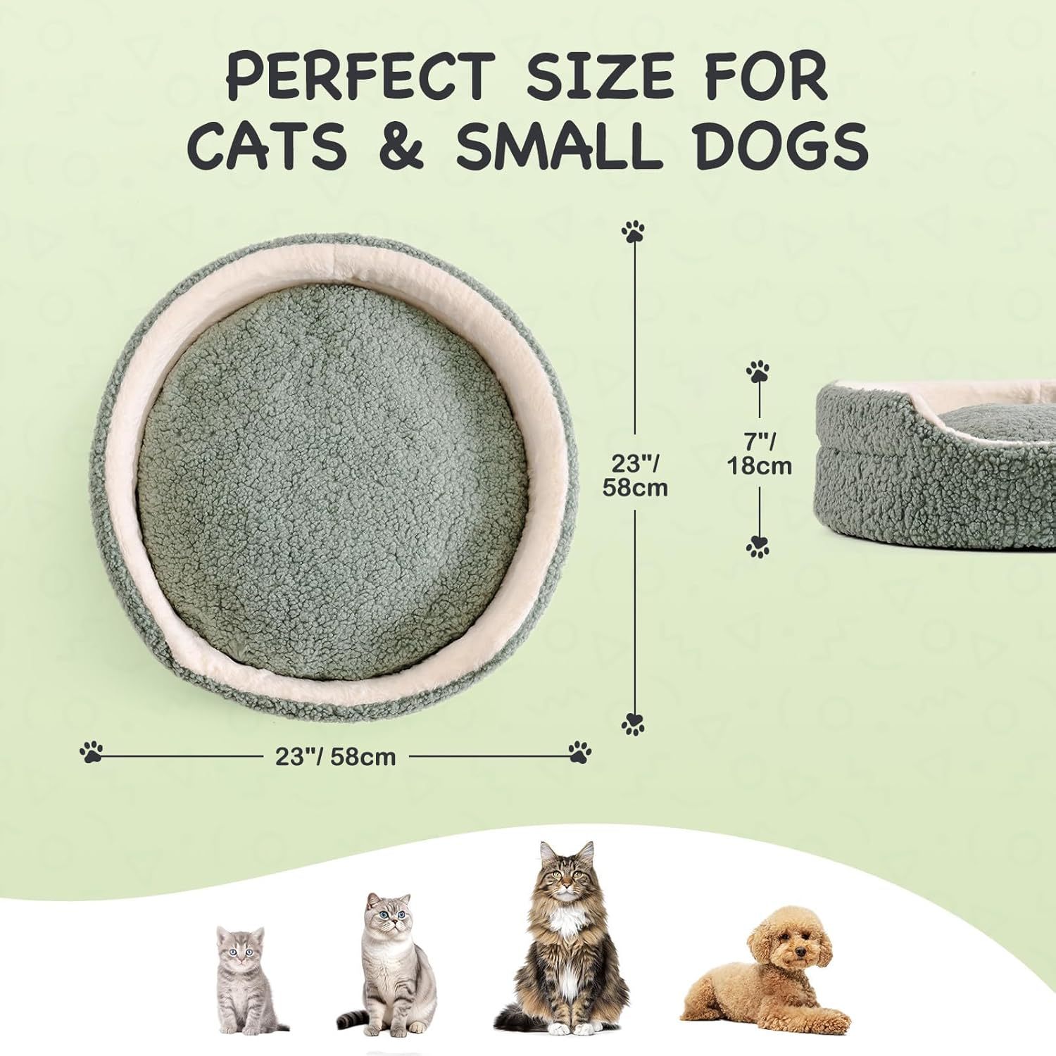Mewoo Washable Pet Bed – 23"x23"x7" Sage Green Round Orthopedic Plush Bed with Non-Slip Bottom for Cats, Kittens & Small Dogs