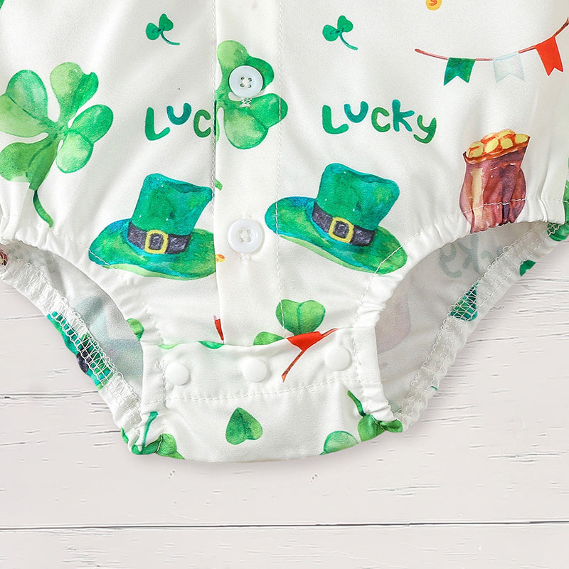 Newborn Baby Boy St. Patrick’s Day Outfit ☘️ Clover Print Romper & Suspenders Pants Set (119 karakter ✅)