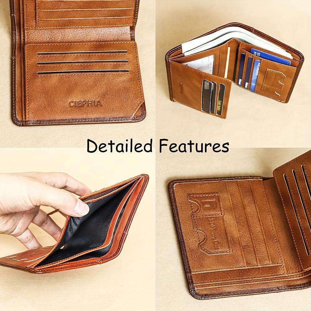 RFID Blocking Trifold Genuine Leather Wallets For Men, Top Layer Cowhide Vintage Short Multi Function Credit Card Holder, Money Clips With 2 ID Windows Valentine'S Day Gifts For Men - PulinGO
