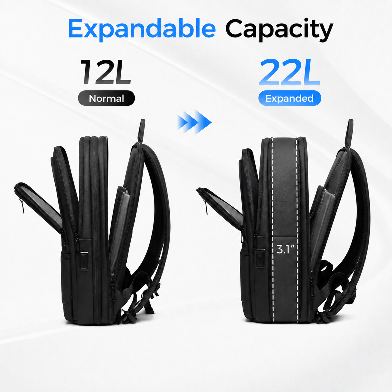 Expandable 15.6" Laptop Backpack – 12L–22L Business & Travel Bag with USB-C & USB-A Charging Ports