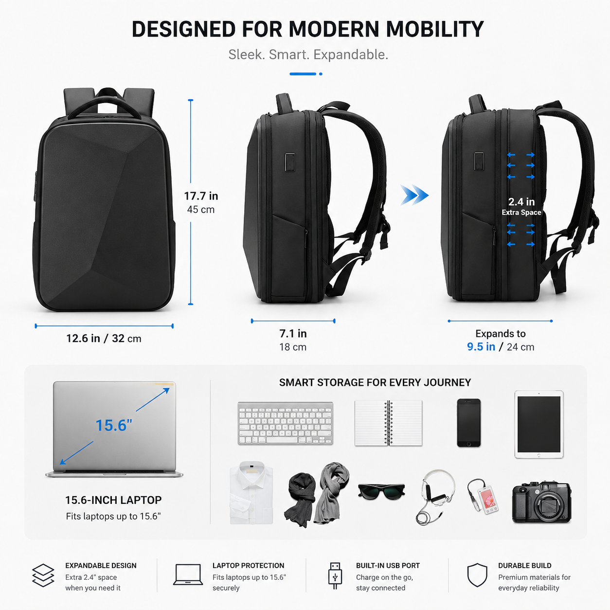 Expandable Hard Shell Anti-Theft Laptop Backpack – 15.6” Business Travel Bag with TSA Lock & USB Port