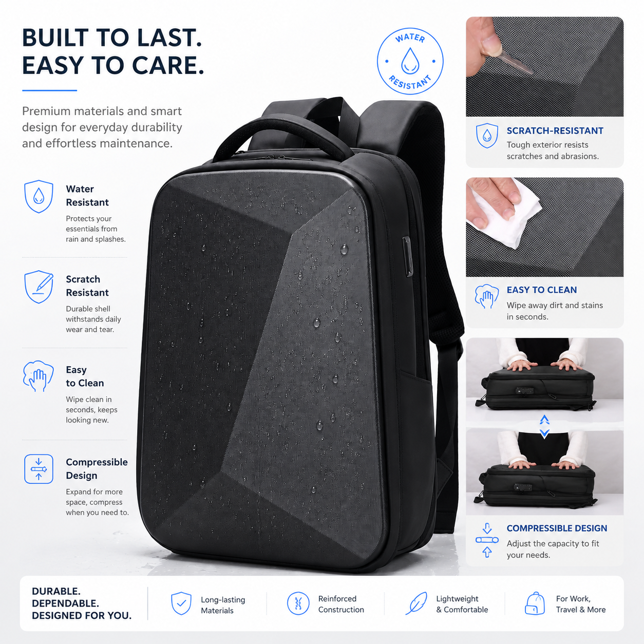 Expandable Hard Shell Anti-Theft Laptop Backpack – 15.6” Business Travel Bag with TSA Lock & USB Port