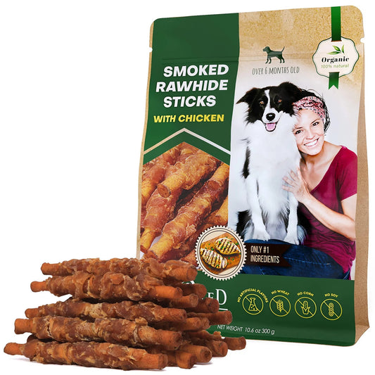 Dog Smoked Rawhide Sticks Wrapped with Chicken – Grain-Free Organic Human-Grade Chew Treats (Bulk Pack)
