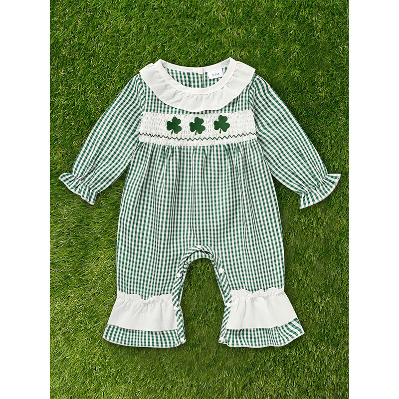 Newborn Baby Girl Long Sleeve Bodysuit – Green Plaid Clover Print One-Piece Outfit