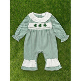 Newborn Baby Girl Long Sleeve Bodysuit – Green Plaid Clover Print One-Piece Outfit