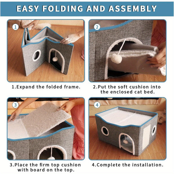 Super-Wide Indoor Cat House – Foldable & Portable, Grey