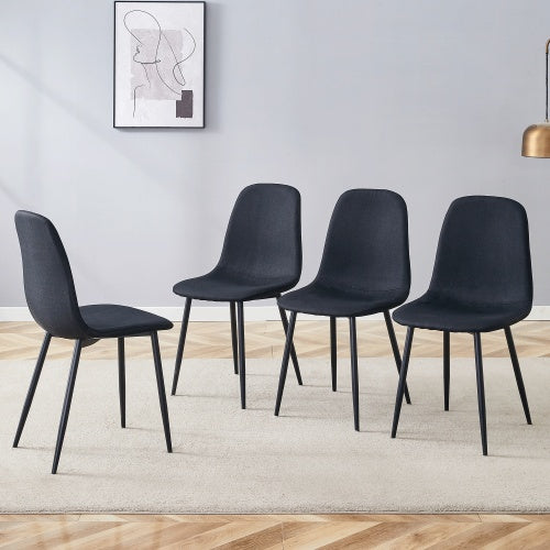 Luxury Simple Chair – Set of 4, Black Linen-Cotton Upholstered with Black Metal Legs