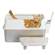 Stainless Steel Cat Litter Box with Plastic Buckle, Shovel & Foot Pad – White