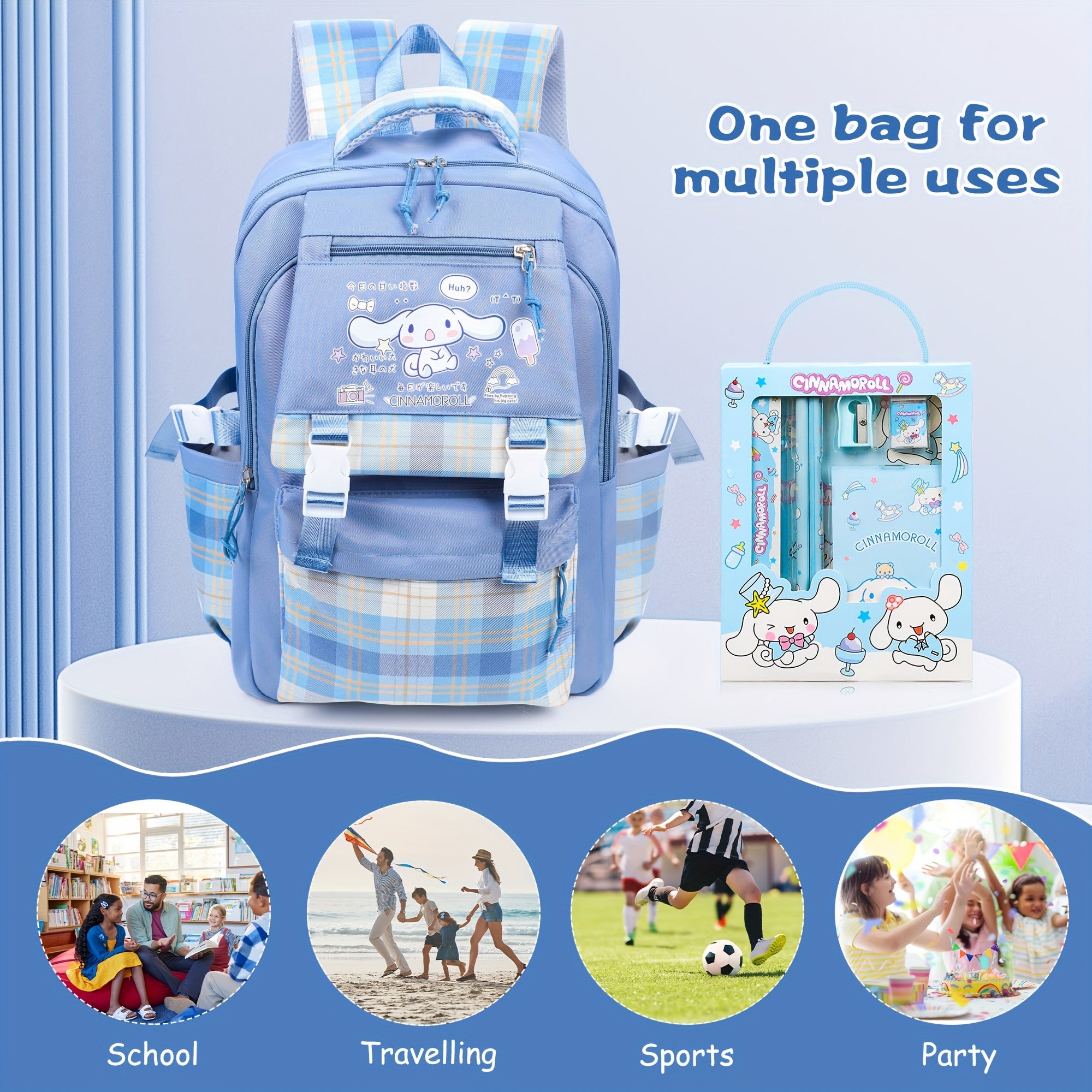 Sanrio Cinnamoroll Large-Capacity Duffel Bag – Travel & School Gear with Stationery Set