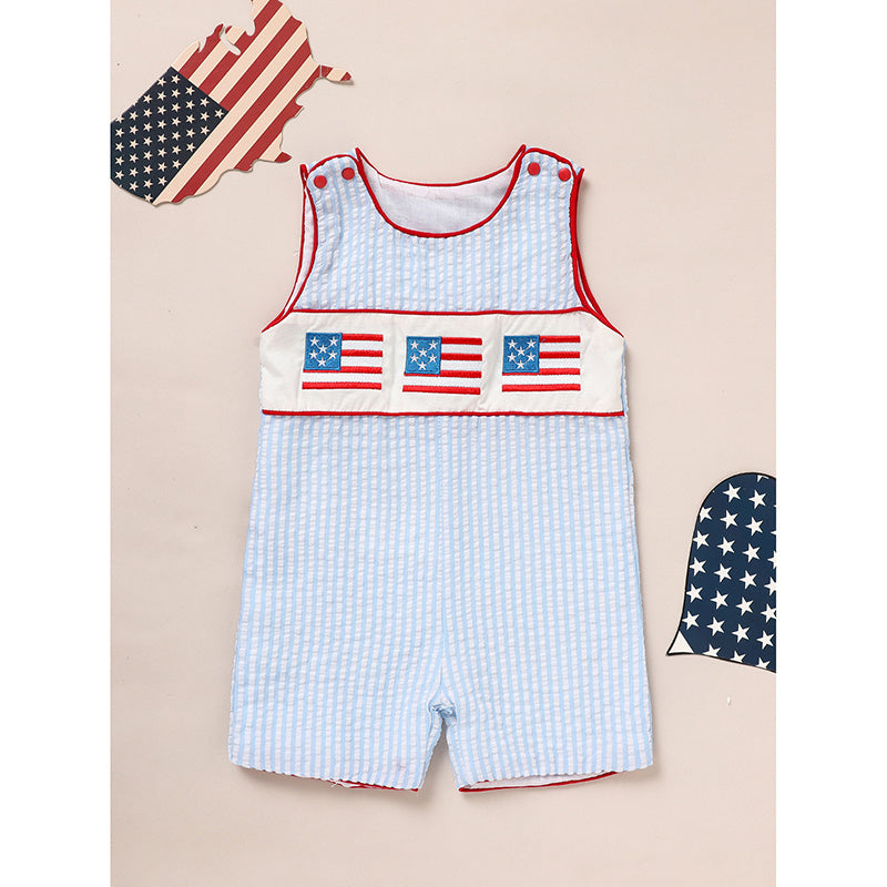 Infant Baby Boy 4th of July Romper – American Flag Smocked Sleeveless Jumpsuit for Independence & Memorial Day