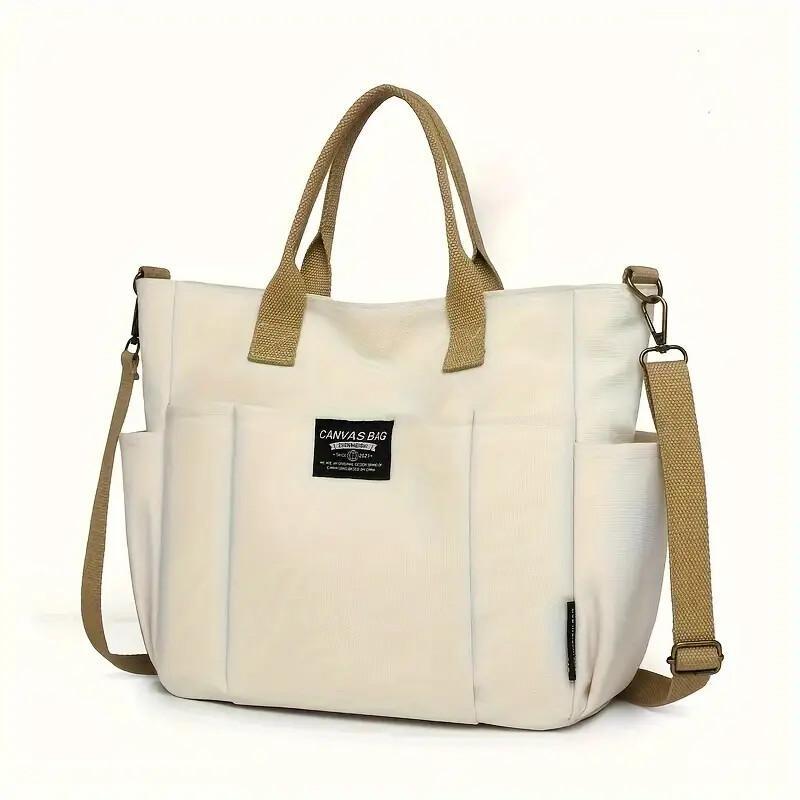 Women’s Retro Canvas Tote Bag – Multi-Pocket Shoulder & Crossbody Handbag for Daily Use