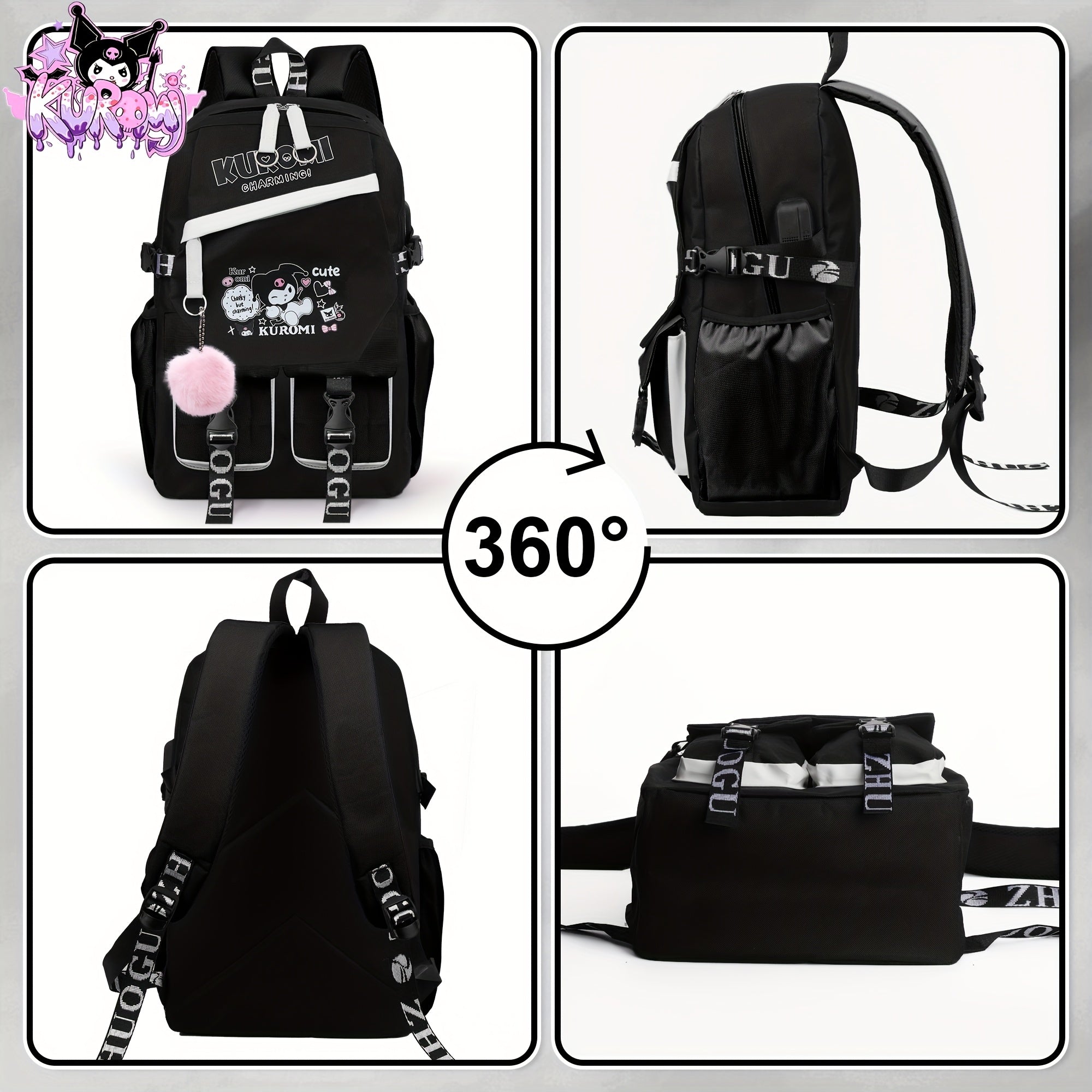 SANRIO Kuromi Anime Backpack with Pendant Charm – High-Quality Nylon Laptop Bag (Fits 15″) for School, Travel & Hiking 🎒