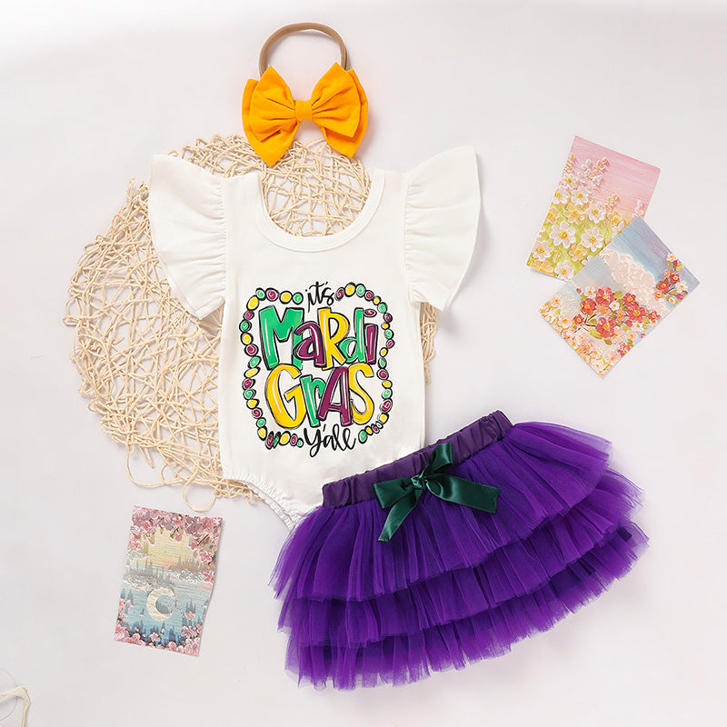Baby Girl Mardi Gras Outfit 🎭 Ruffle Sleeve Bodysuit + Mesh Tutu Skirt + Hairband Set