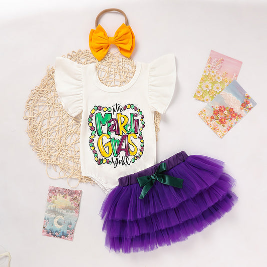 Baby Girl Mardi Gras Outfit 🎭 Ruffle Sleeve Bodysuit + Mesh Tutu Skirt + Hairband Set