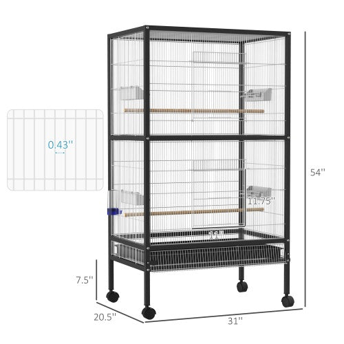 PawHut 54'' Extra Large Portable Rolling Iron Aviary – Flight Bird Cage with Accessories for Parrots, Cockatiels & Finches