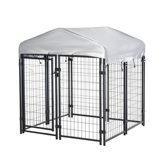 Heavy-Duty Dog Playpen with Lockable Door & Waterproof Canopy – Black, 10-Panel 83"×48"×46.75"