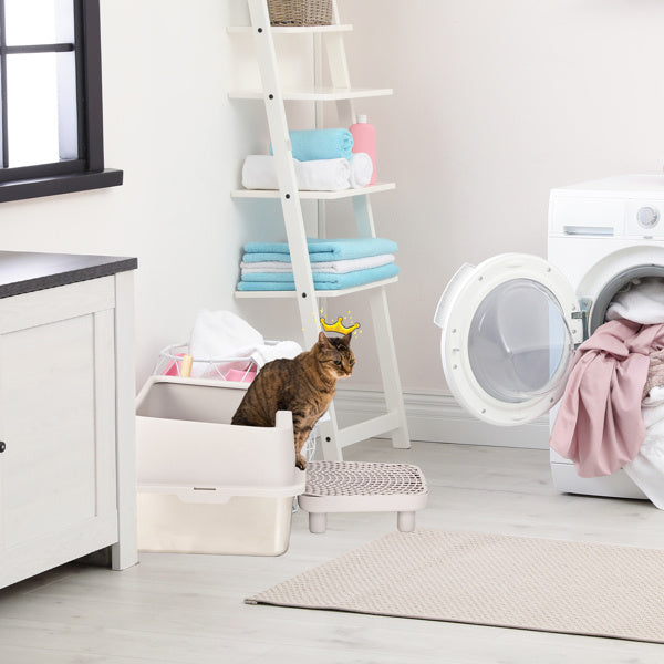 Stainless Steel Cat Litter Box with Plastic Buckle, Shovel & Foot Pad – White