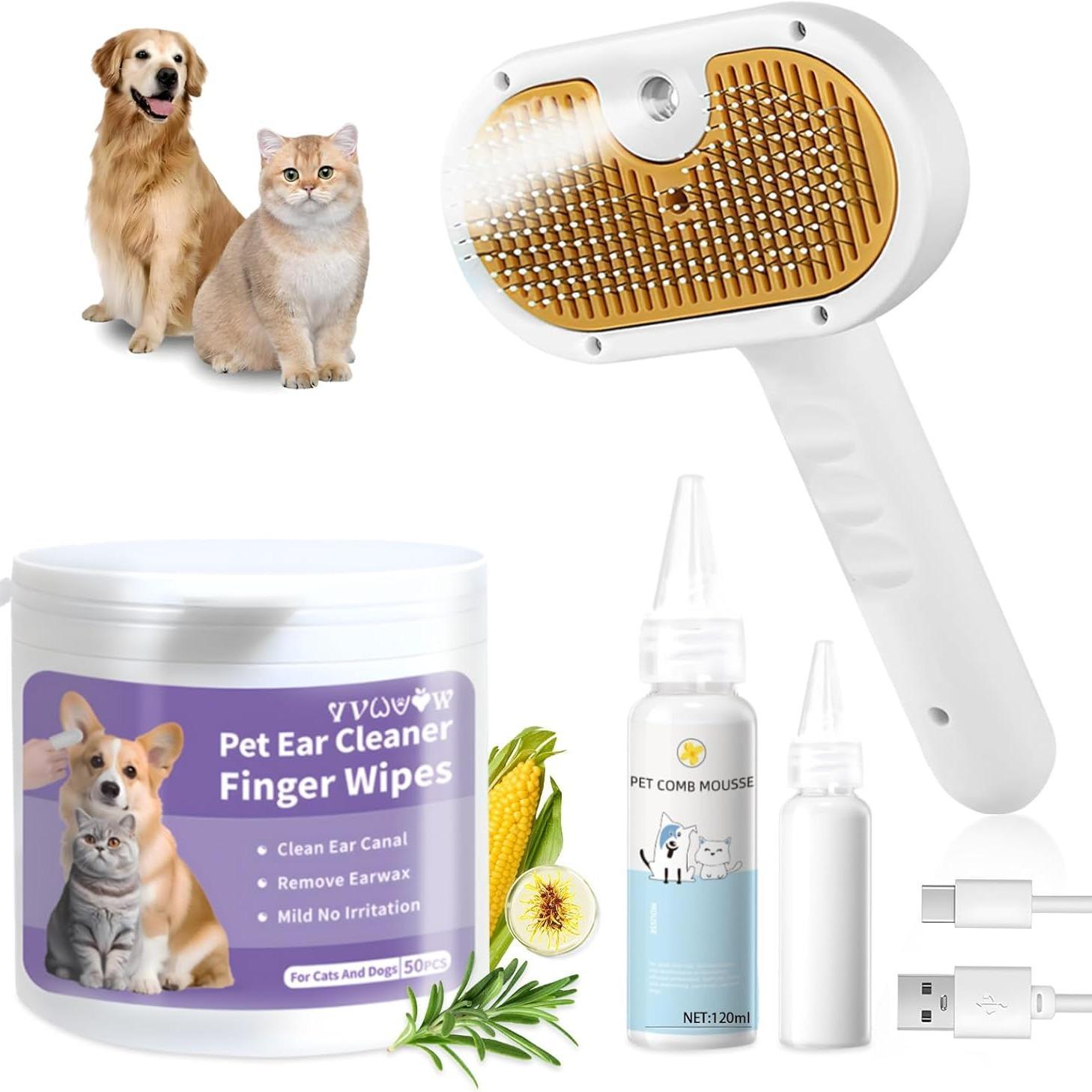 Universal 3-in-1 Pet Steam Brush – Spray Hair Removal Comb with Waterless Shampoo & Ear Cleaning Towel for Dogs & Cats