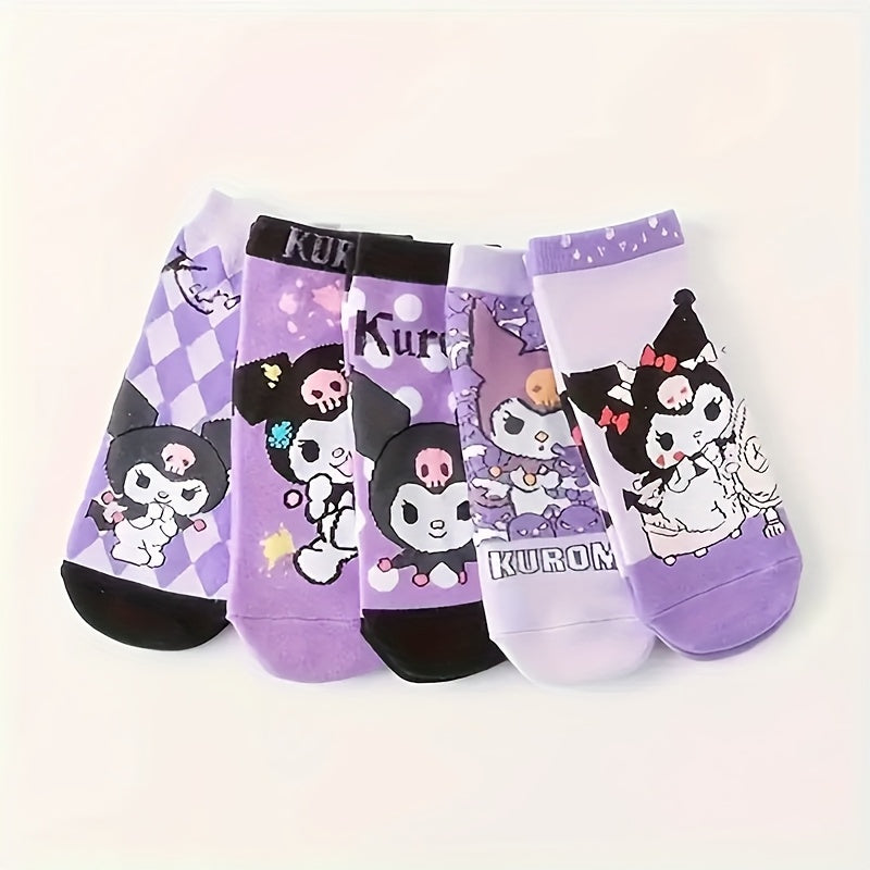 Sanrio Kuromi 5-Pack Women’s Cute Cartoon Short Socks – Bright Purple, Soft Polyester Blend, Spring-Summer-Fall Everyday