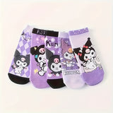 Sanrio Kuromi 5-Pack Women’s Cute Cartoon Short Socks – Bright Purple, Soft Polyester Blend, Spring-Summer-Fall Everyday
