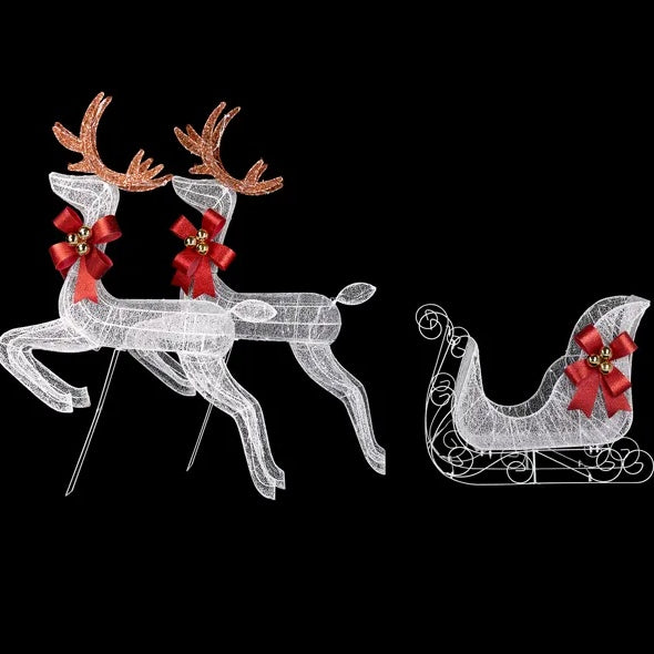 3-Piece Lighted Set – 2 Reindeer & Sleigh with 270 Pre-lit White LEDs, Weather-Proof Outdoor Christmas Decoration with Stakes