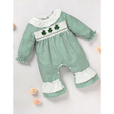 Newborn Baby Girl Long Sleeve Bodysuit – Green Plaid Clover Print One-Piece Outfit