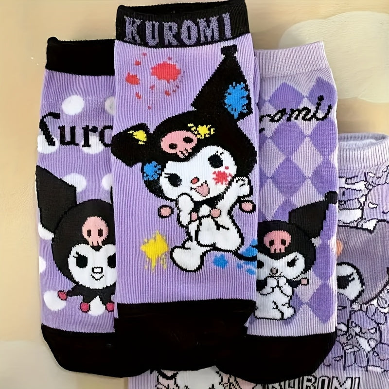 Sanrio Kuromi 5-Pack Women’s Cute Cartoon Short Socks – Bright Purple, Soft Polyester Blend, Spring-Summer-Fall Everyday
